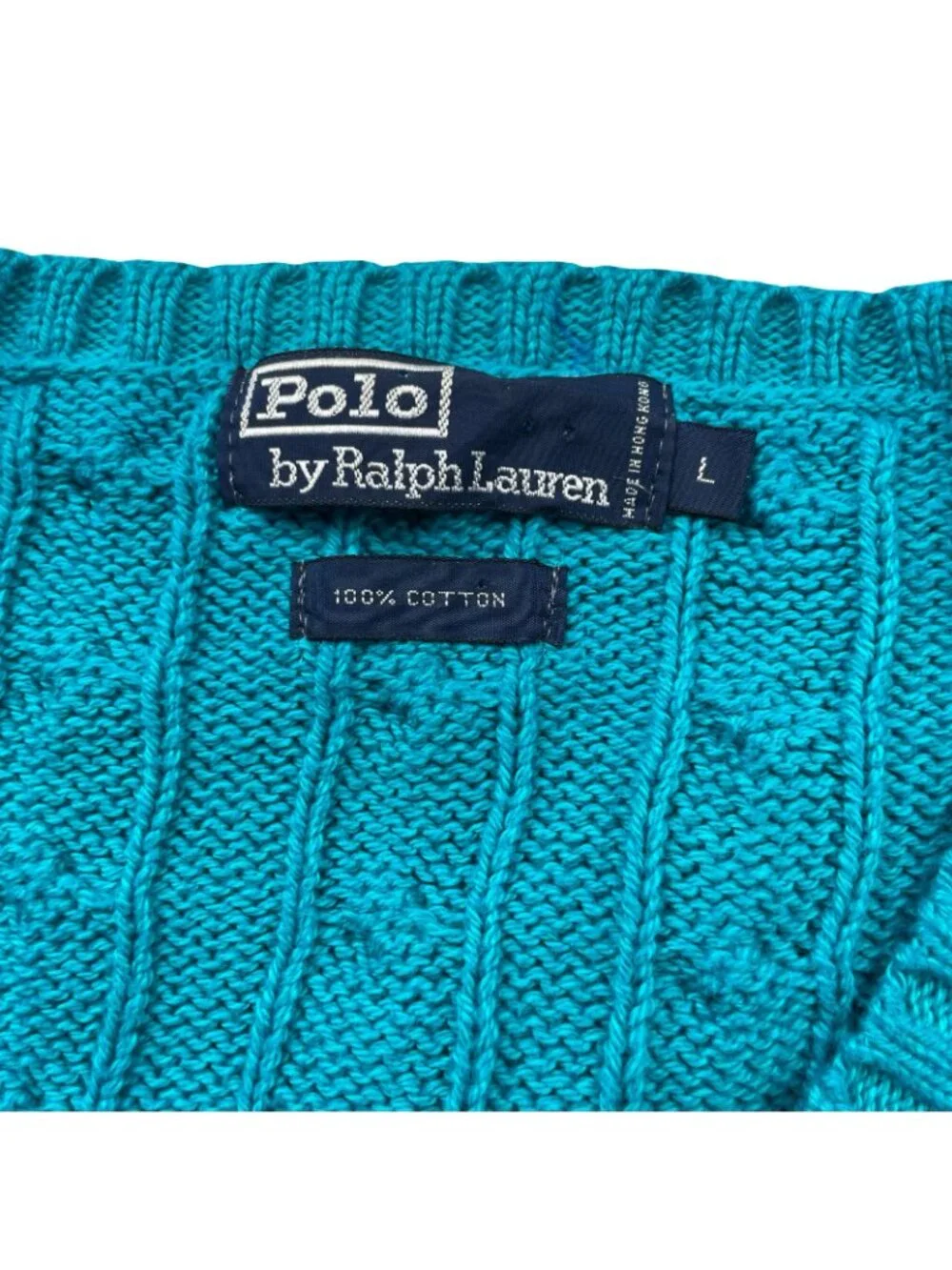 VTG Polo Ralph Lauren Men's 100% Cotton Cable-Knit V-Neck Sweater Teal • Large